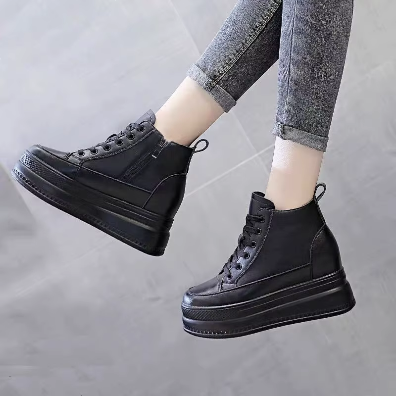 Femmes baskets hautes plate-forme respirant en cuir véritable chaussures printemps dame