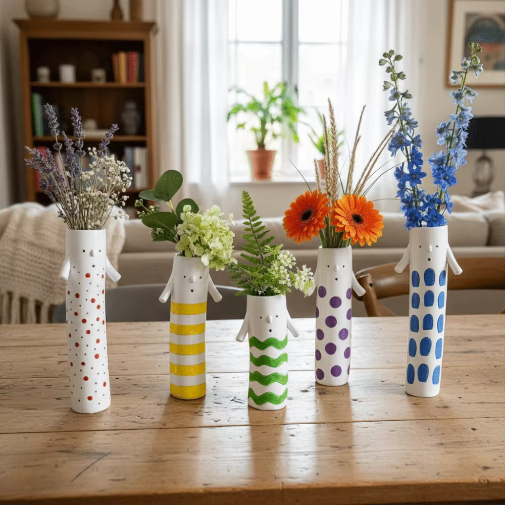 Porte-fleurs en résine peinte de style bohème, vase floral unique et amusant, forme cylindrique, pot de plante fait à la main, ornement de décoration pour la maison