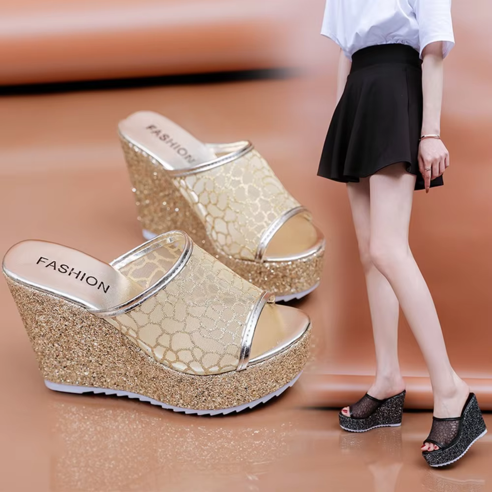 Pantoufles Bling Dorées pour Femmes, Chaussures d'Été, Plateforme 4cm, Salle d'ACH Extérieure 11cm, Talons Hauts Compensés, Maille Solide, Chaussures Argentées Femme