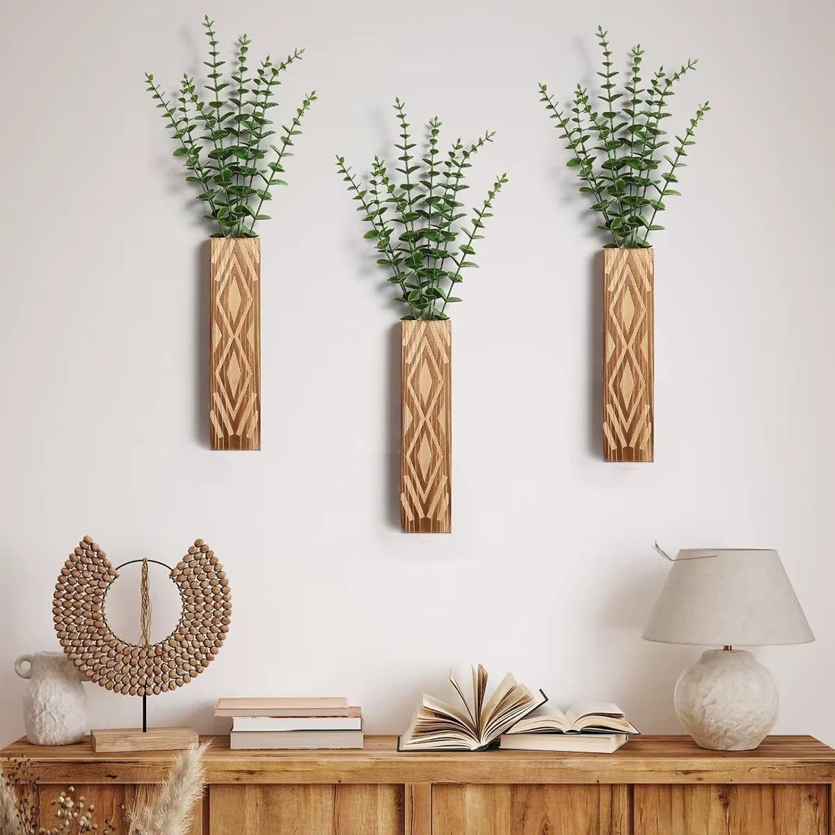 Vase mural en bois de style bohème pour la décoration de la maison, vase de fleurs sèches, plante simulée