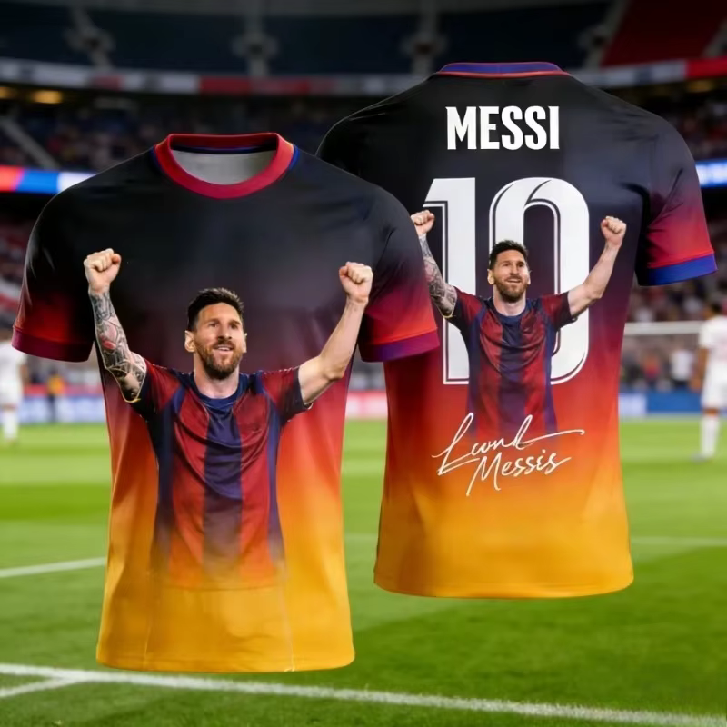 Inter Miami Hip Hop Streetwear Messi No.10 Maillot de football noir or brillant Impression 3D sur toute la surface Respirant Unisexe T-shirt de sport
