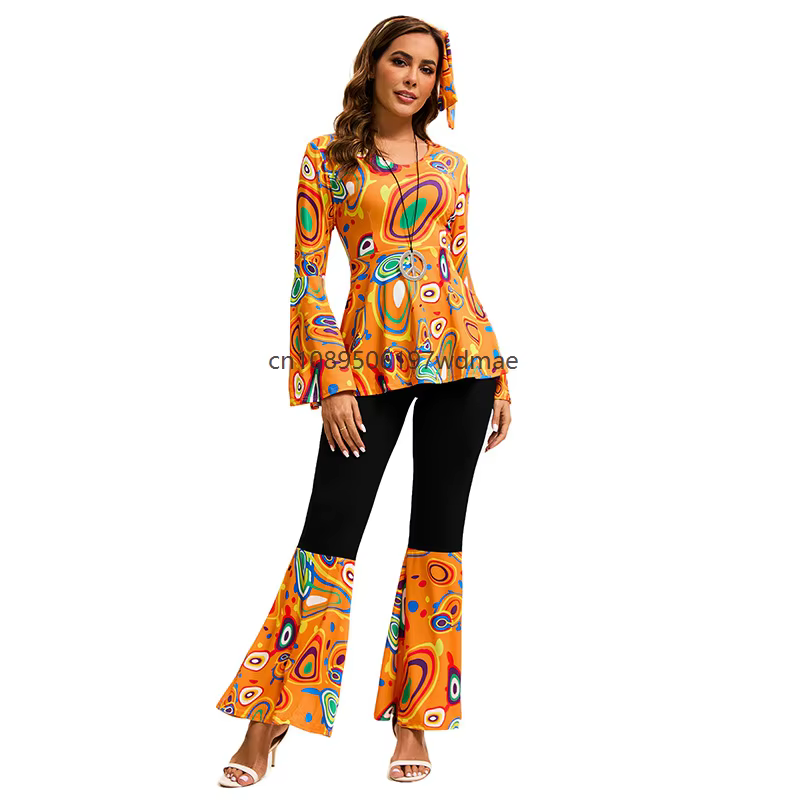 Costume de disco multi-couleurs pour femmes, vêtements de performance hippie, ensemble avec bandeau, robe rétro pour fête dansante