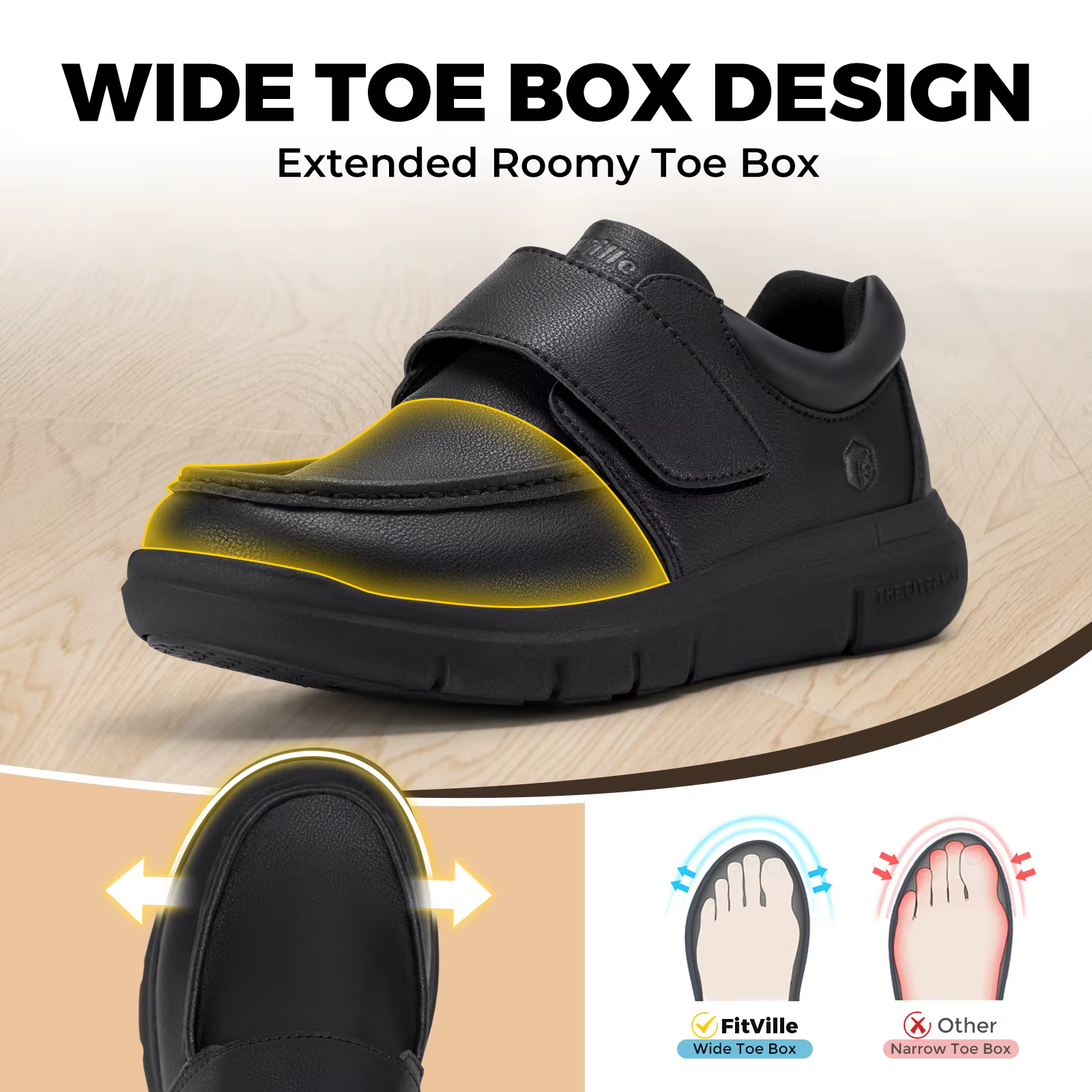 FitVille-Chaussures en cuir à coupe large pour hommes