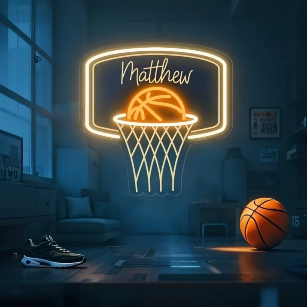 Enseigne au néon de basket-ball personnalisée pour le nom des enfants, décoration murale de maison pour chambre de garçon, cadeau personnalisé pour enfants, cadeaux de basket-ball