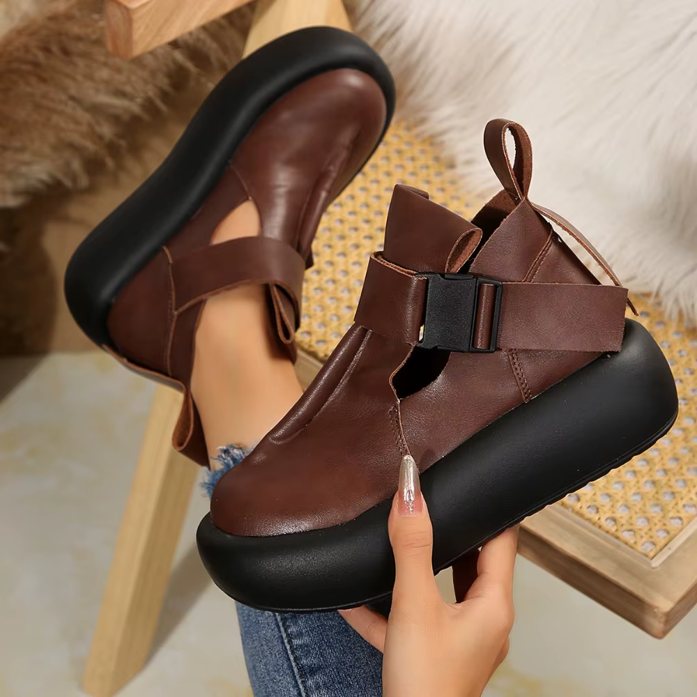 Bout rond semelle épaisse en cuir rétro plate-forme chaussures femmes loisirs romain