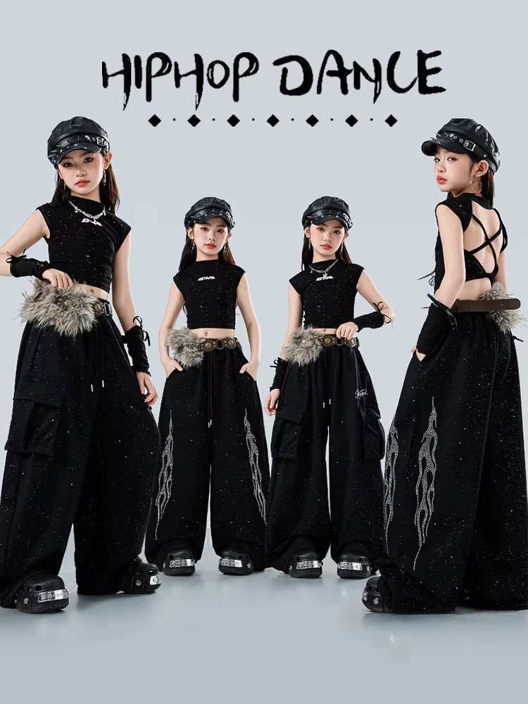Tenue de danse jazz pour groupe, costume de performance hip-hop, vêtements de spectacle sur scène, haut court noir, pantalon baggy, ensemble streetwear