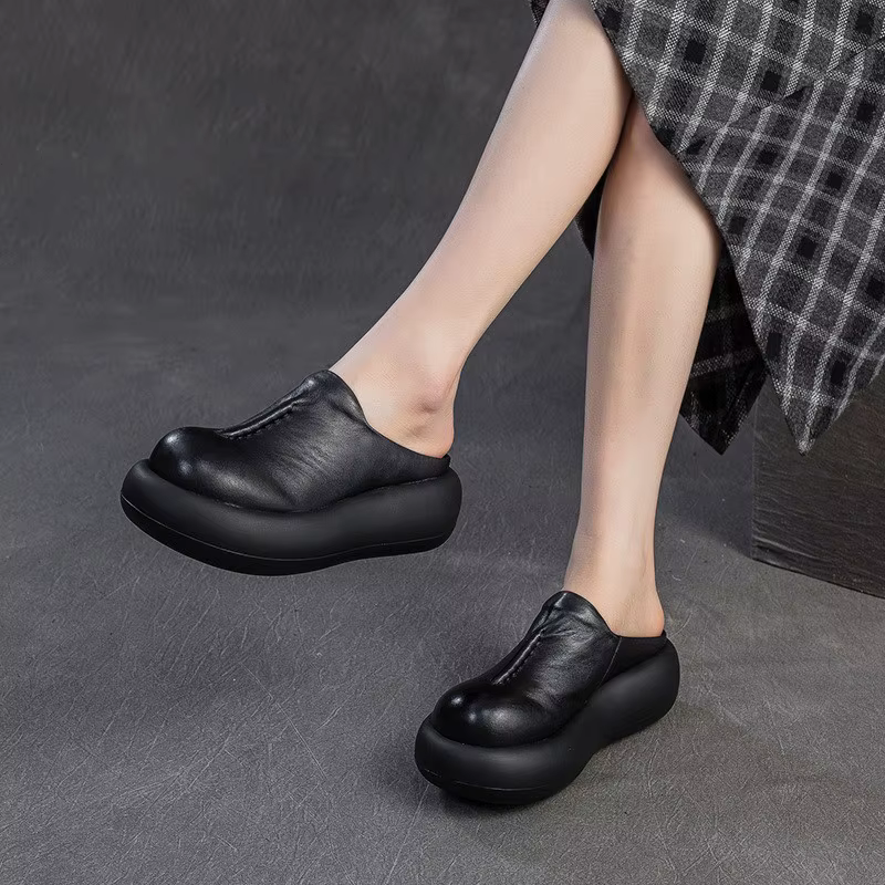 GKTINOO 2026 Nouvelles sandales d'été à semelle épaisse en cuir véritable à bout rond polyvalentes pour femmes