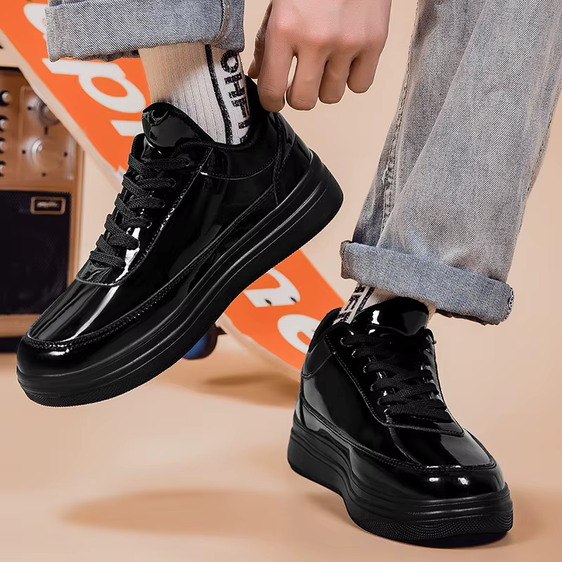 Cuir verni noir hommes baskets mode décontracté plate-forme chaussures
