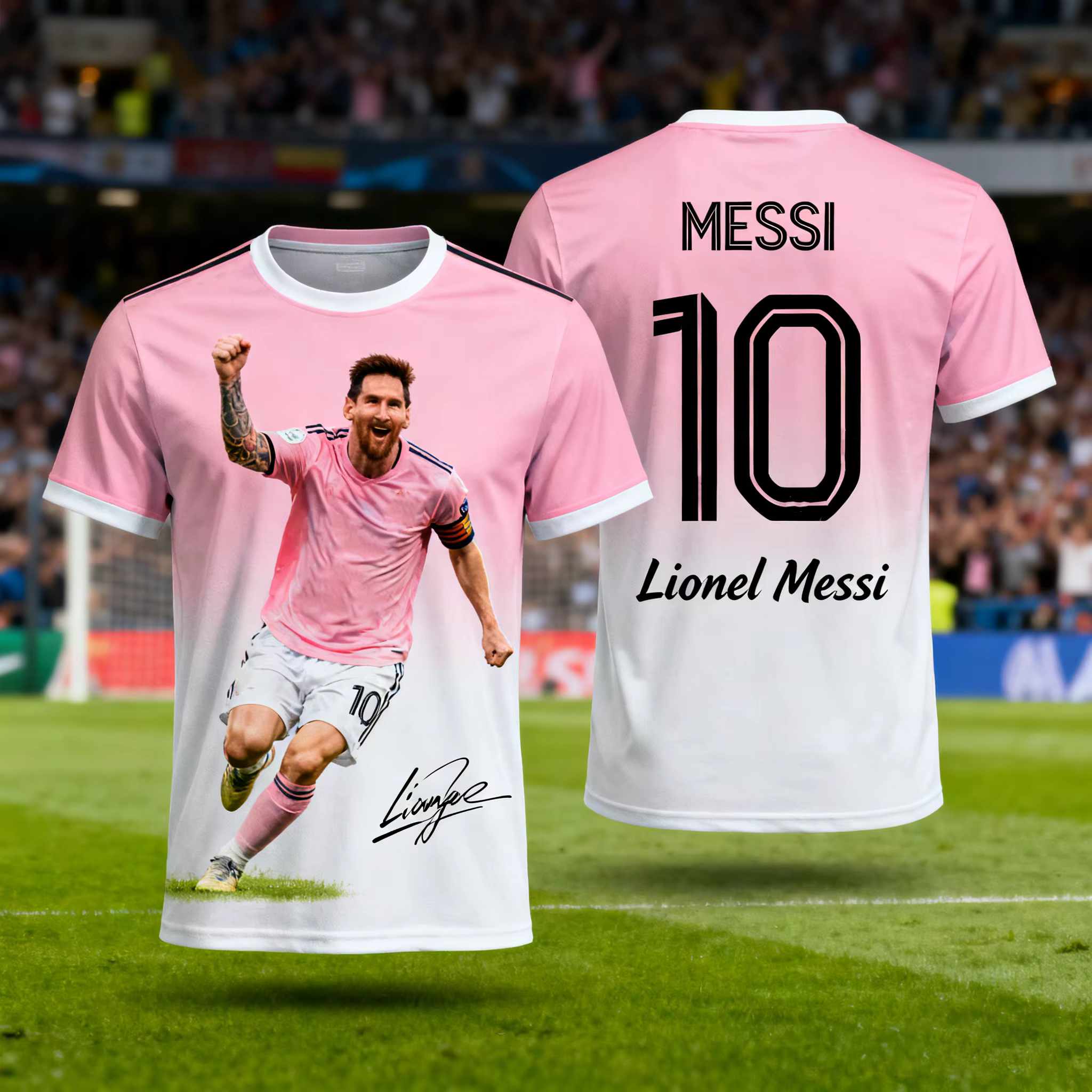 Lionel Messi # 10 T-shirts de football Inter Miami CF, pour hommes et femmes, dégradé rose et blanc, manches courtes, streetwear pour fans de football