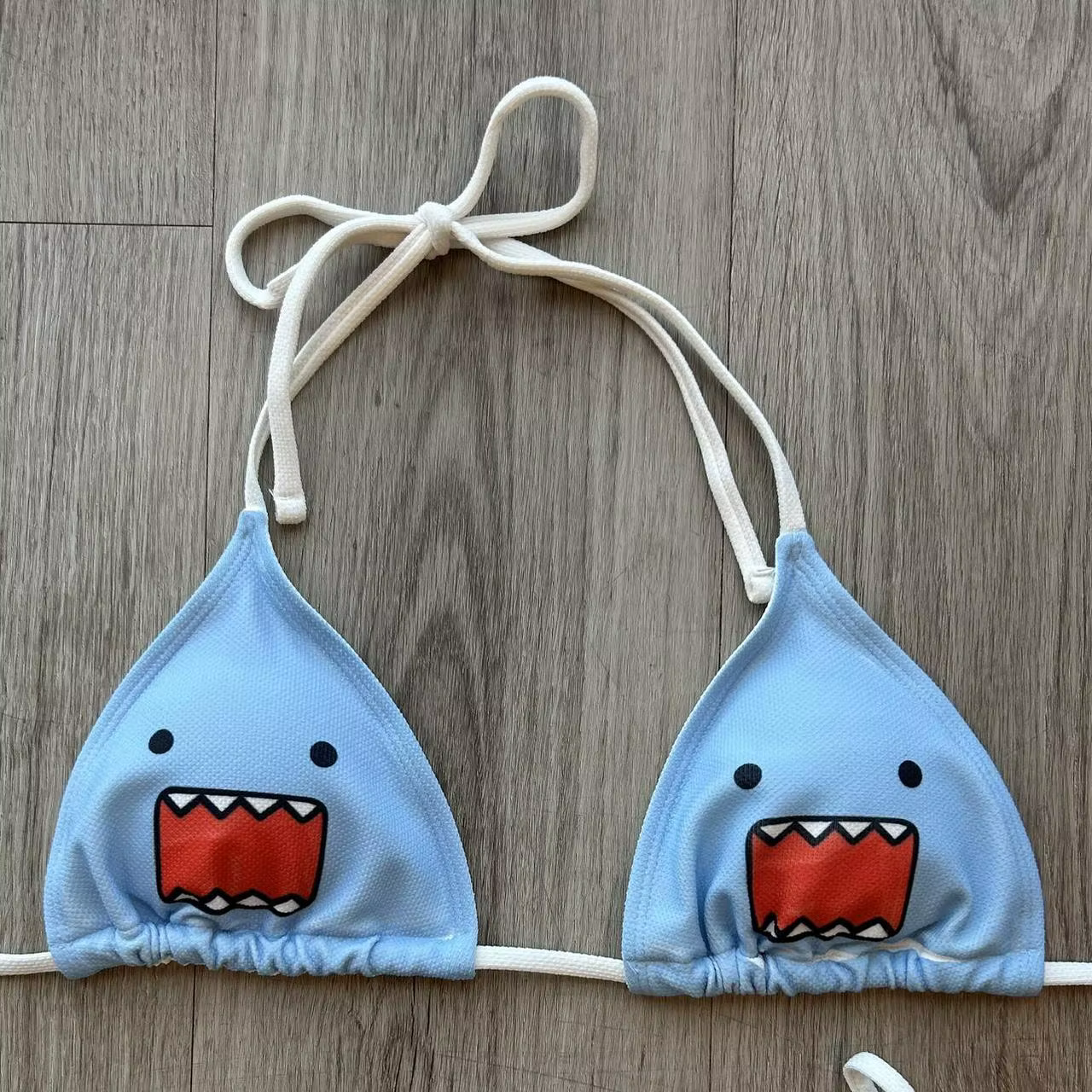 Maillot de bain bikini style Ins pour femme, bleu clair, imprimé requin, dos nu, à nouer sur les côtés