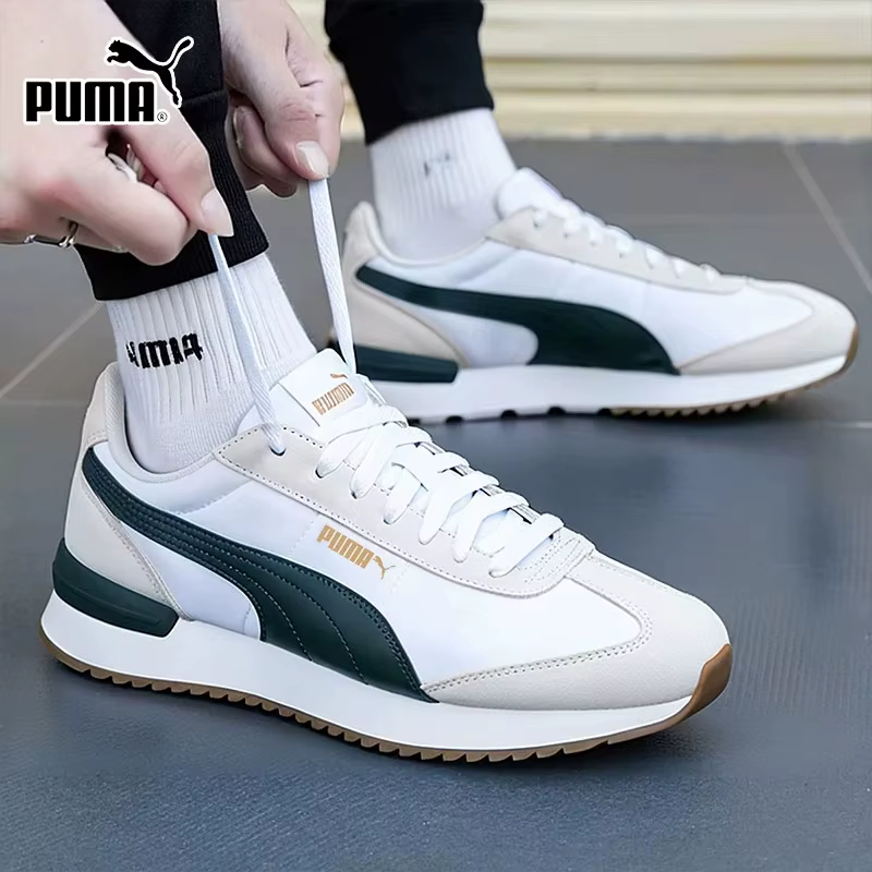 PUMA Baskets décontractées rétro légères antidérapantes en daim blanc et vert foncé avec surpiqûres 399250-04
