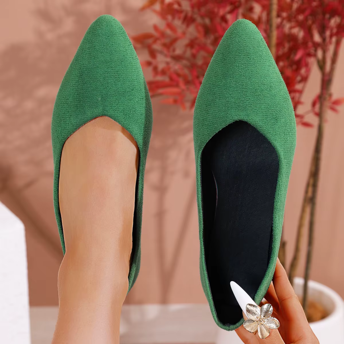 Chaussures plates pour femmes en daim vert printemps-automne