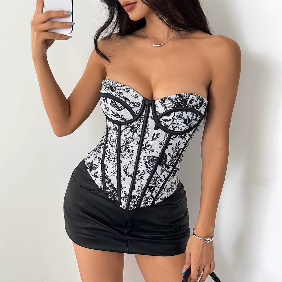 Spice Girls – vêtements intérieurs en Jacquard de Style français, avec os de poisson à haut sens, taille amincissante, couleur noire, Corset imprimé floral, Lingerie