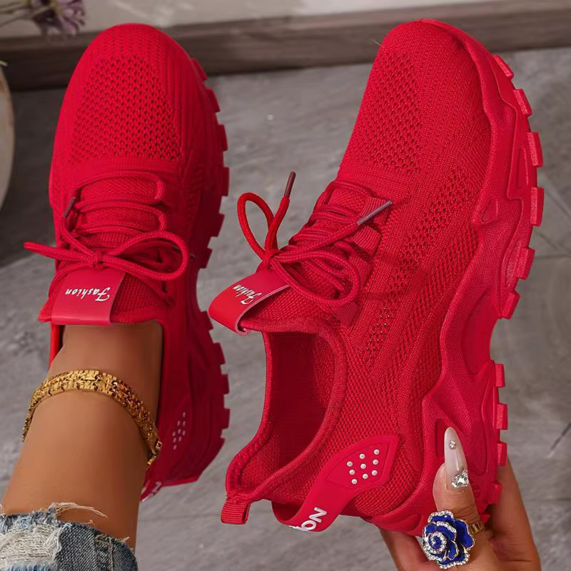 Baskets rouges pour femmes chaussures sans lacet volant respirant maille plate-forme