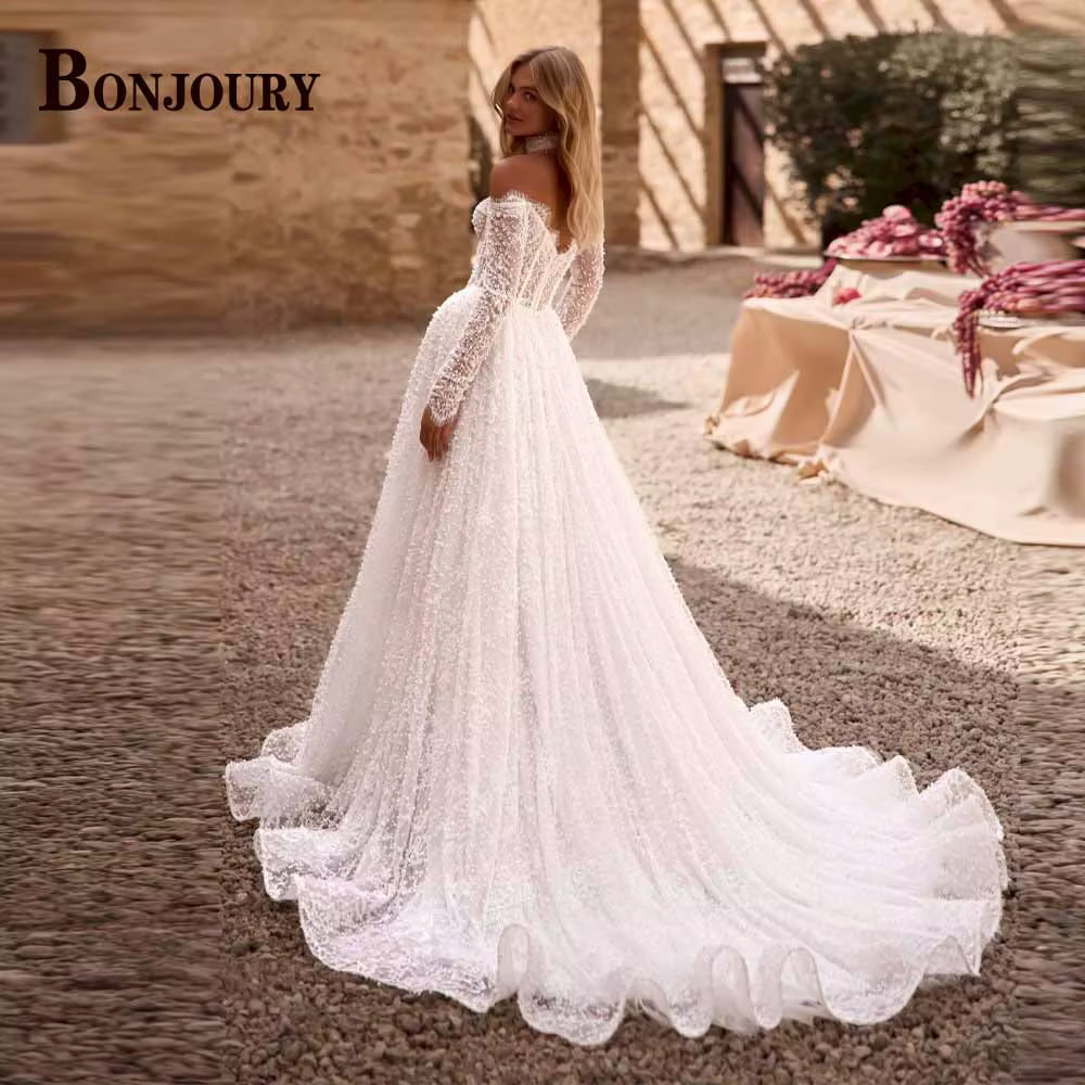 Robe de mariée florale raffinée BONJOURY, style coréen avec appliques en dentelle, épaules dénudées, fermeture éclair, Vestido De Novia personnalisé