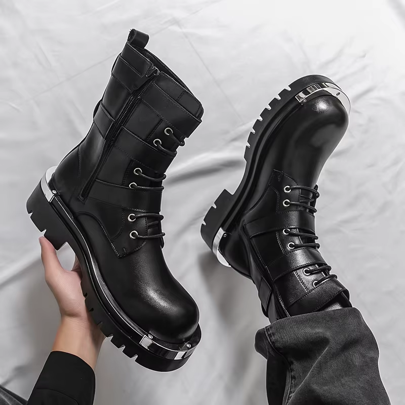 Style Punk hommes bottes mode boucle de ceinture conception mi-mollet botte haute qualité en cuir