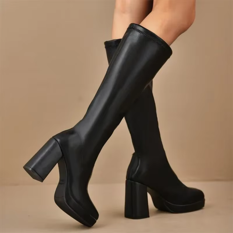 Plate-forme épaisse bottes en cuir Pu noir femme 2025 genou haute grande taille 42 talons hauts