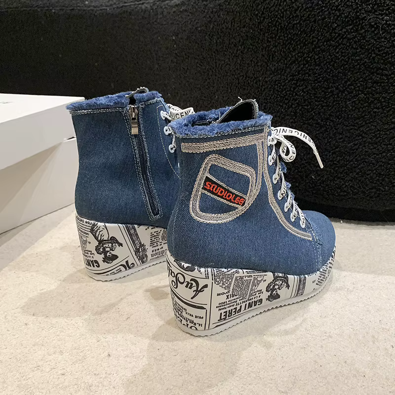 Femmes nouveau Denim baskets à semelles compensées plate-forme printemps automne décontracté chaussures vulcanisées mode dames côté fermeture éclair fond épais talon haut