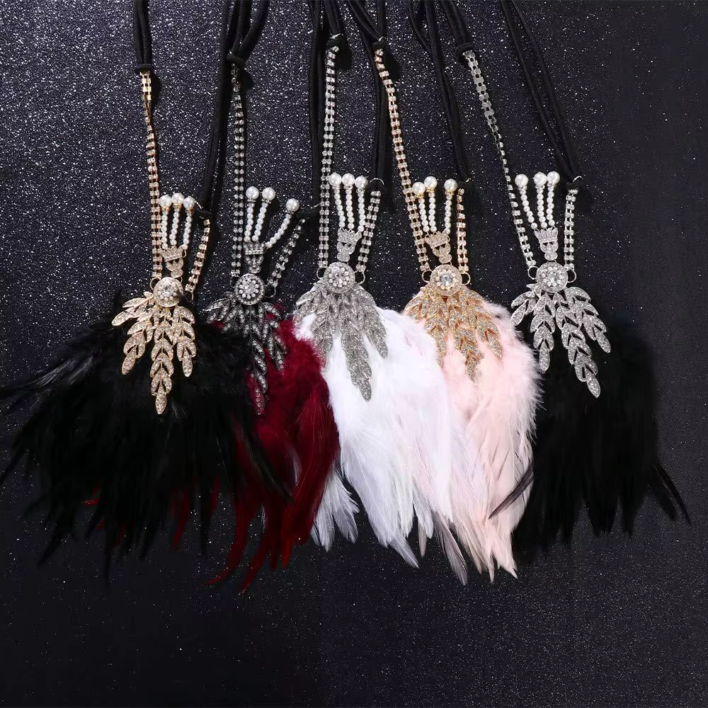Robe de cosplay Gatsby, couvre-chef en plumes et diamants, bandeau de style coréen, accessoires de fête masquée, cheveux à paillettes