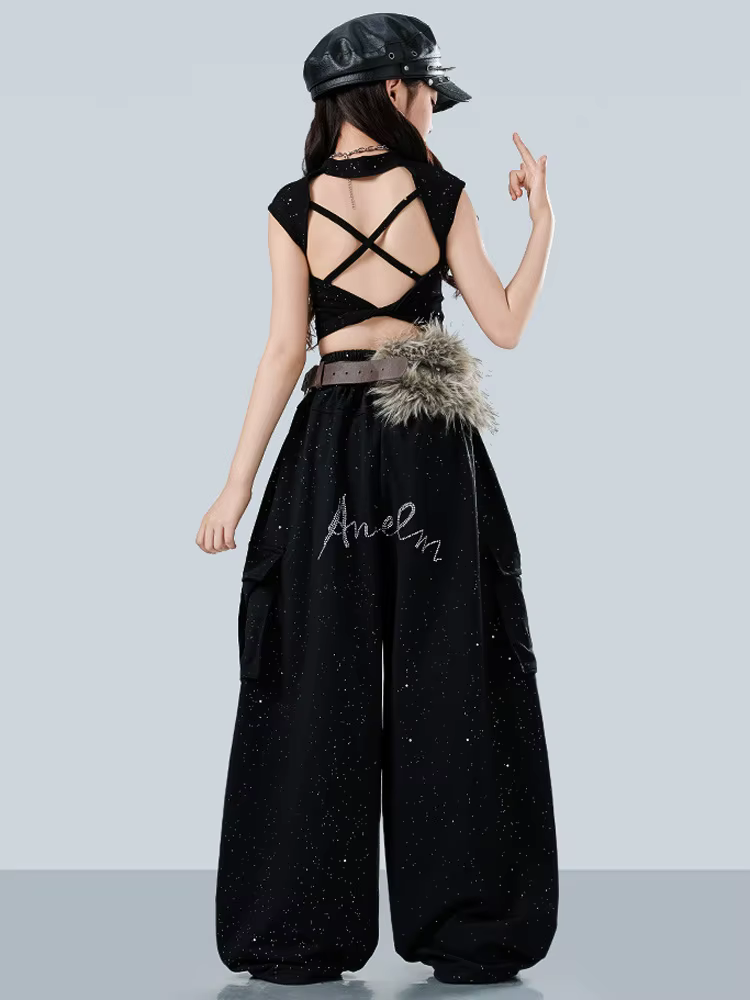 Tenue de danse jazz pour groupe, costume de performance hip-hop, vêtements de spectacle sur scène, haut court noir, pantalon baggy, ensemble streetwear