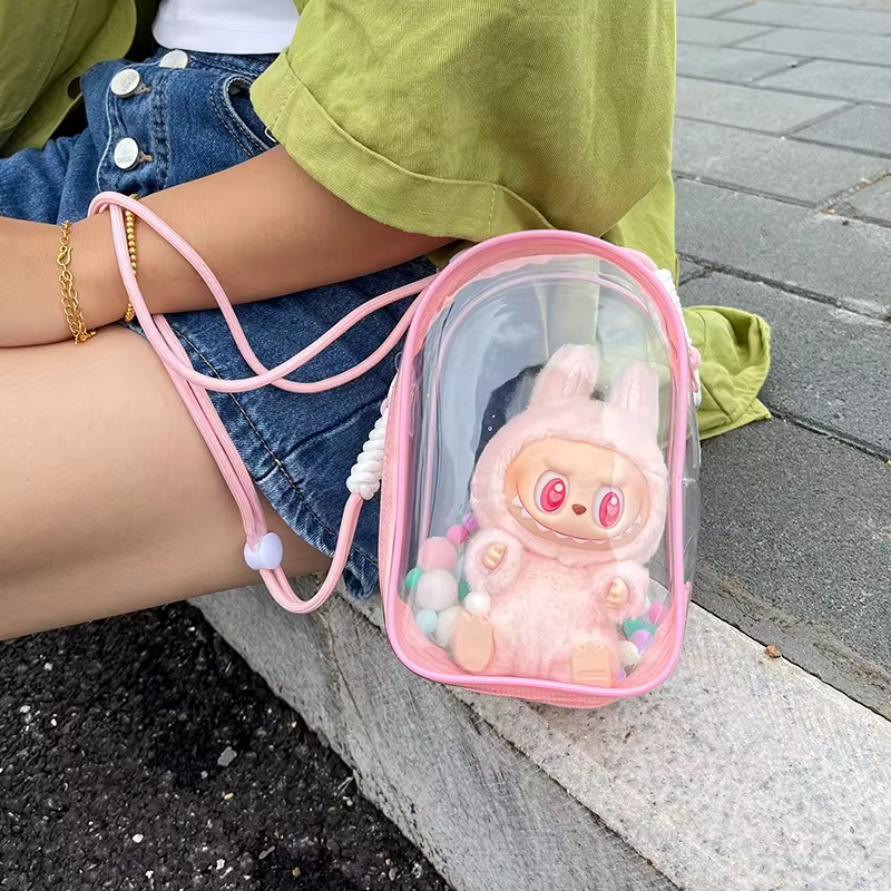 Labubu étui de protection Labubu assis fête 17 cm coton poupée épaule douleur sac PVC sac de rangement Labubu marche sac anti-poussière