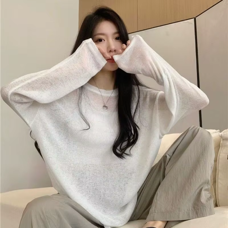 Femmes surdimensionné T-shirt printemps été col rond décontracté mode ample mince à manches longues haut pulls Chic blanc voir à travers T-shirt