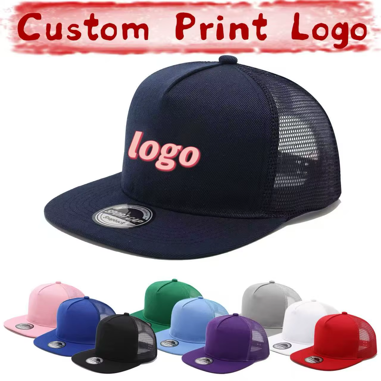 Casquettes en maille à bord plat de couleur unie avec logo imprimé personnalisé