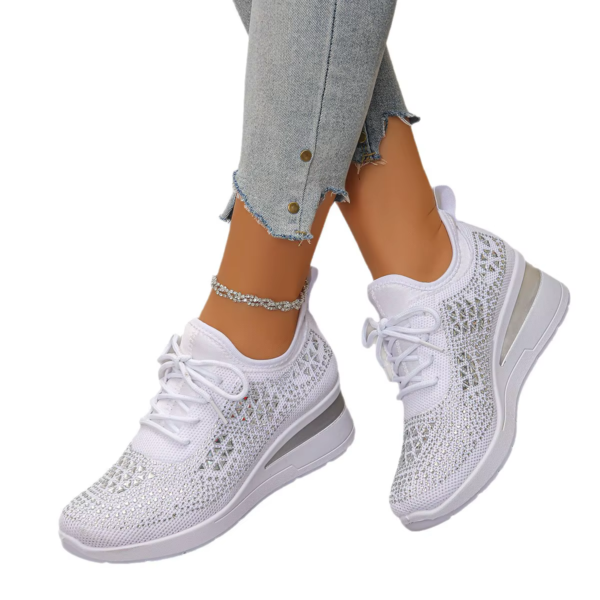 Baskets femme brillant strass coin respirant tricot antidérapant chaussures de marche