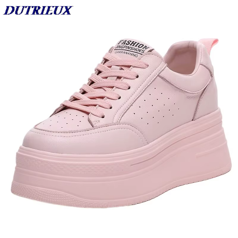 2025 8cm en cuir véritable femmes chaussures décontractées grosses baskets plate-forme compensée talon caché