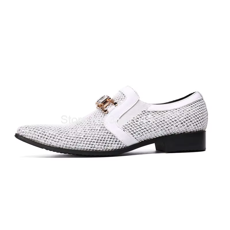Chaussures de mariage pour hommes à bout pointu blanches avec anneaux en cristal