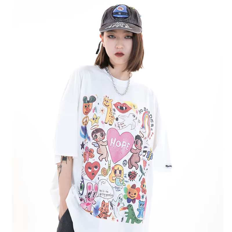 Hommes T-Shirt surdimensionné Hip Hop Streetwear peinture lettre coeur arc-en-ciel anges graphique T-Shirt Harajuku coton T-Shirt unisexe