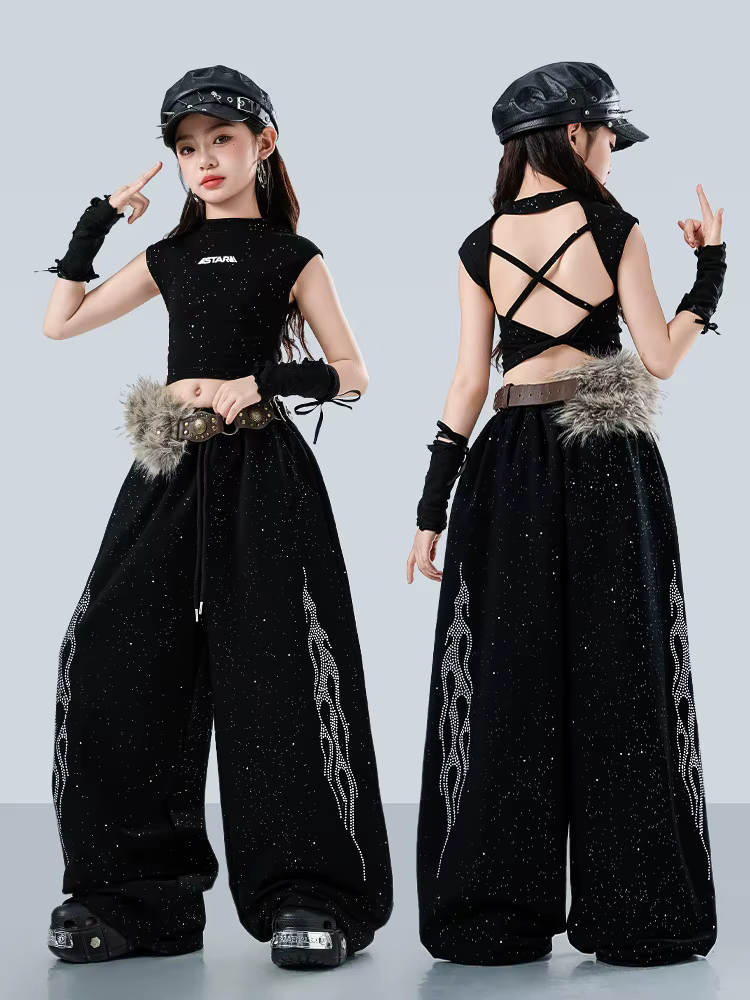 Tenue de danse jazz pour groupe, costume de performance hip-hop, vêtements de spectacle sur scène, haut court noir, pantalon baggy, ensemble streetwear