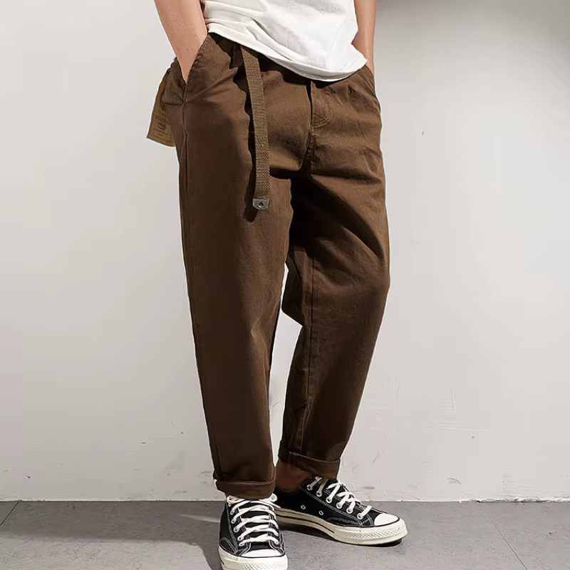 Pantalons décontractés japonais avec pieds amples rétro, vêtements à la mode pour hommes lavés avec un vieux pa conique à neuf points tissé élastique kaki