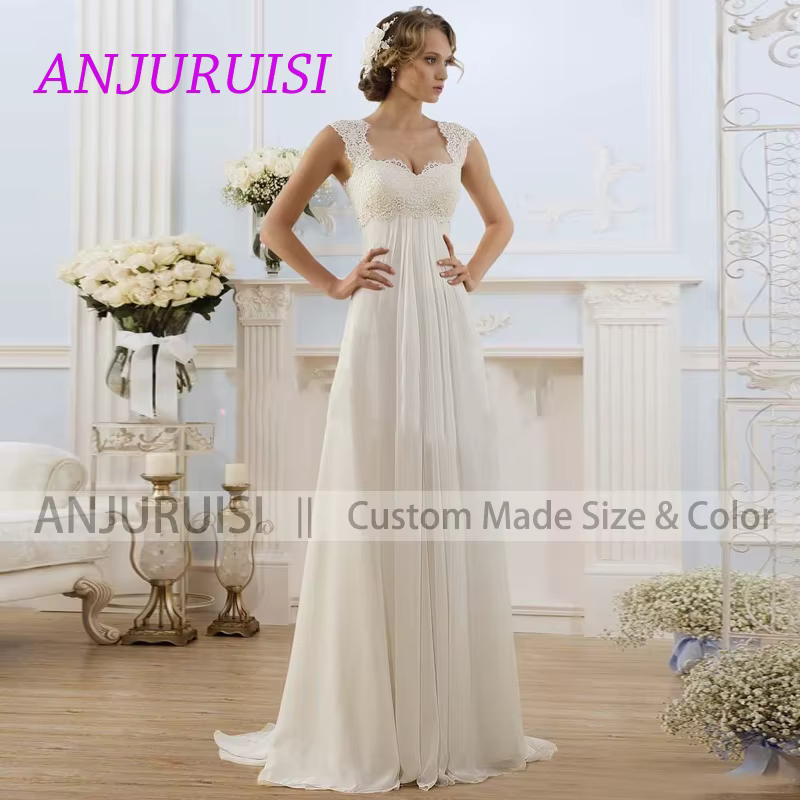 Robe de mariée en mousseline taille empire pour femme, avec appliques en dentelle, modèle 2026, coupe trapèze, dos lacé
