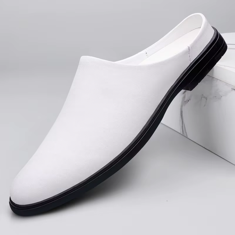 Demi-chaussures en cuir blanc pour hommes, Mules noires, mocassins dos nu, pantoufles semi-traînées, chaussures décontractées, sandales à bout fermé, plates à enfiler