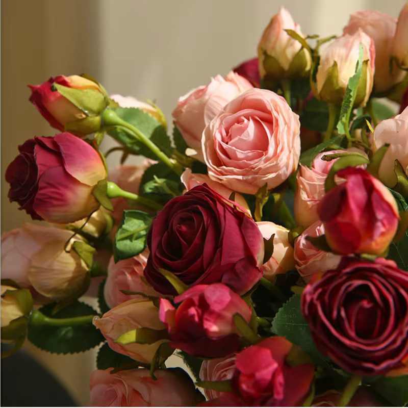 Fleurs de rose pour bouquet de mariée, 2 têtes, bord rôti, mariage, salon, vase de table, accessoires de décoration intérieure, cadeau de la Saint-Valentin