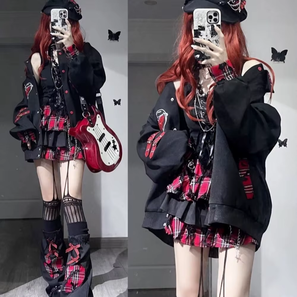Jupes de Style japonais Kawaii pour fille, sous-culture Kpop Dance Rock Y2k, gothique des années 90, imprimé à carreaux rouges irréguliers, Mini jupe gâteau à volants