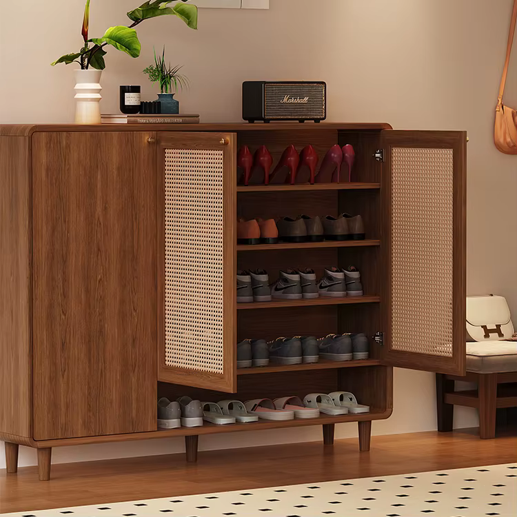 Meuble de rangement pour chaussures en bois et panneaux de roche, étagère à chaussures moderne, grande capacité, motif tressé, pieds en métal, boîte à chaussures d'entrée
