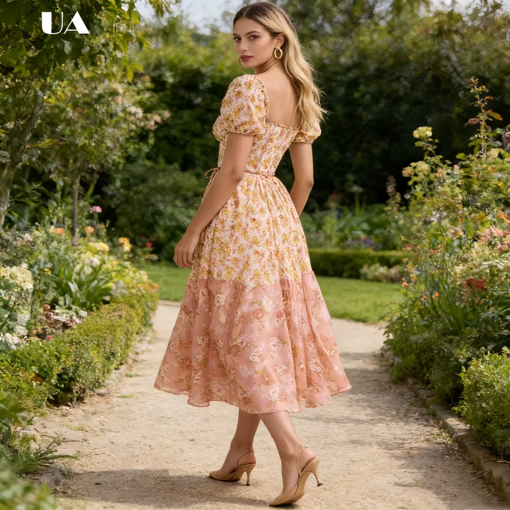 Robe midi évasée à imprimé floral élégant de style français ULBYANRY avec col à volants, robe empire à manches bouffantes de style pastoral