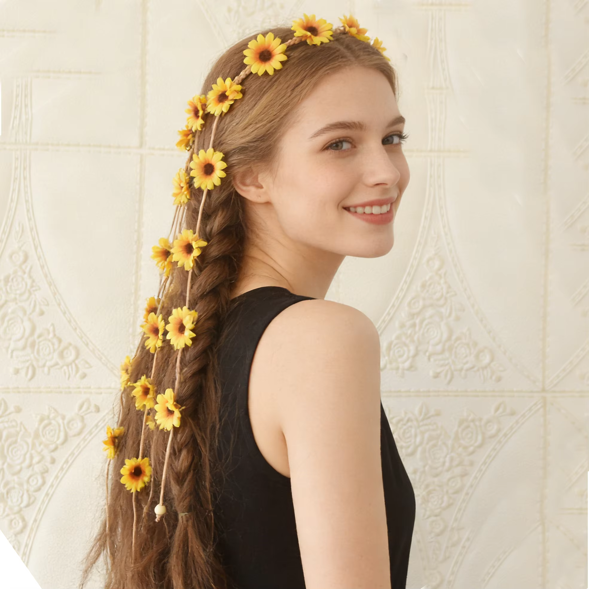 Fleur Hippie bandeau couronne florale Behemain tournesols perles ajuster fleur coiffure cheveux accessoires