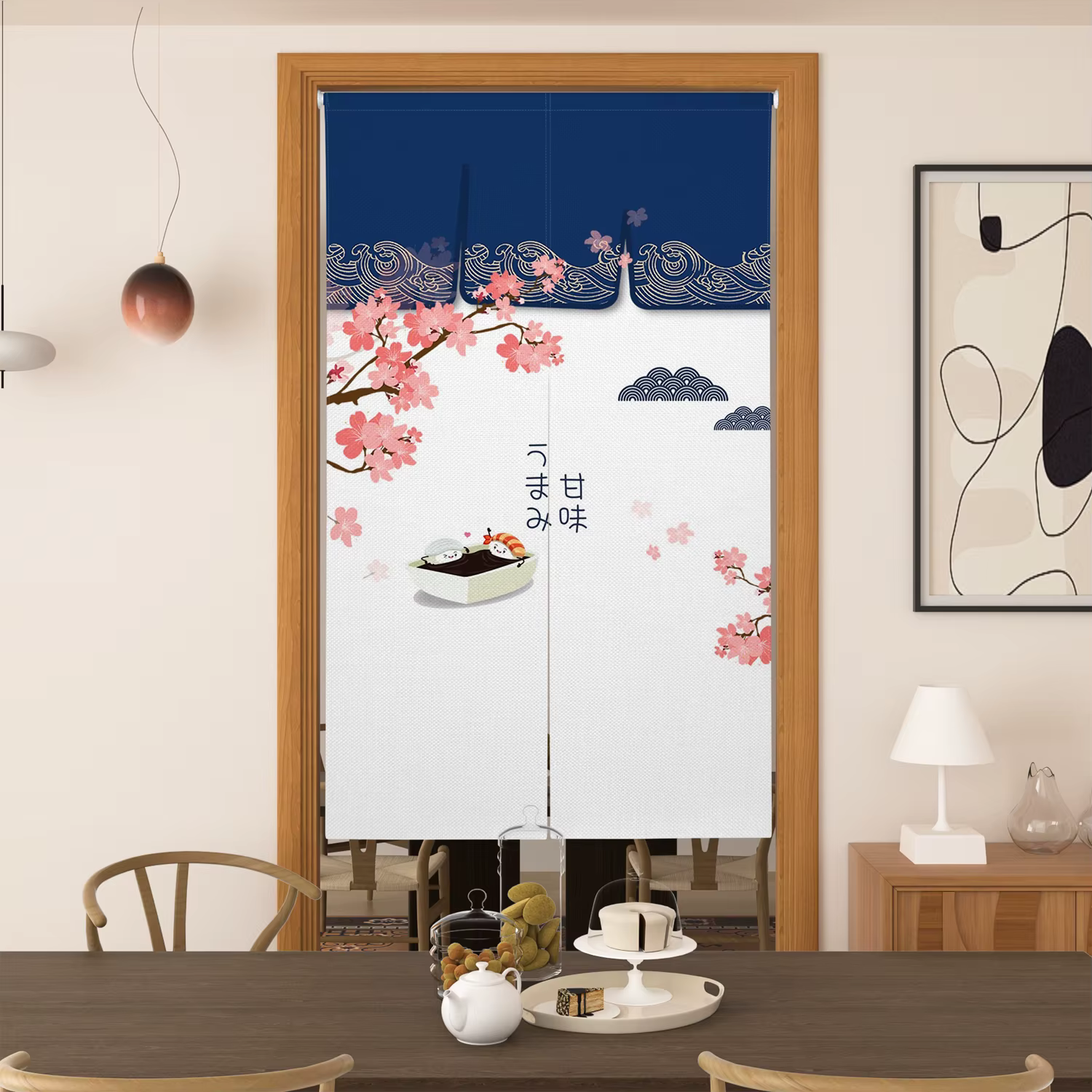 Rideau de porte de style japonais, motif vague de fleurs de cerisier du mont Fuji, demi-rideau pour salle à manger, cuisine, maison de thé, décoration intérieure