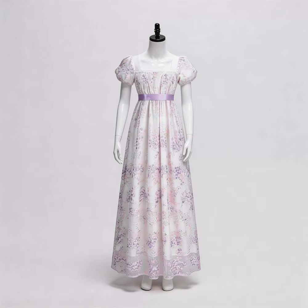 Robe impériale vintage de style européen avec encolure carrée, manches bouffantes, robe longue de cosplay, robe de thé de style régence