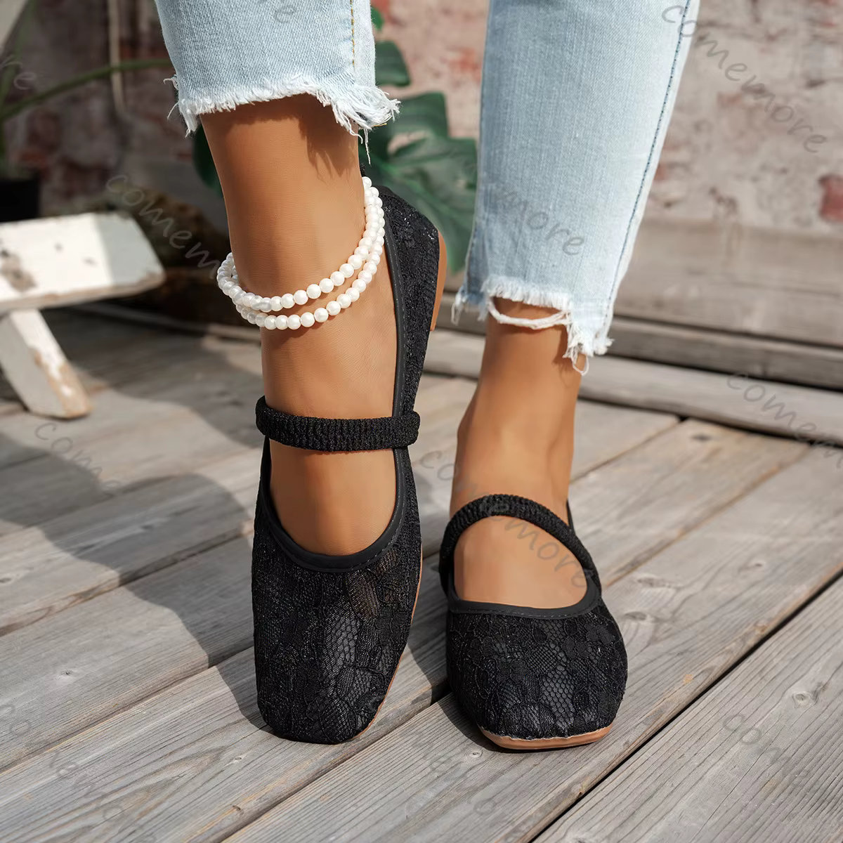 Comemore nouveau rose dentelle fleur appartements printemps été décontracté semelle souple bout carré à lacets doux Ballet maille respirant unique chaussures
