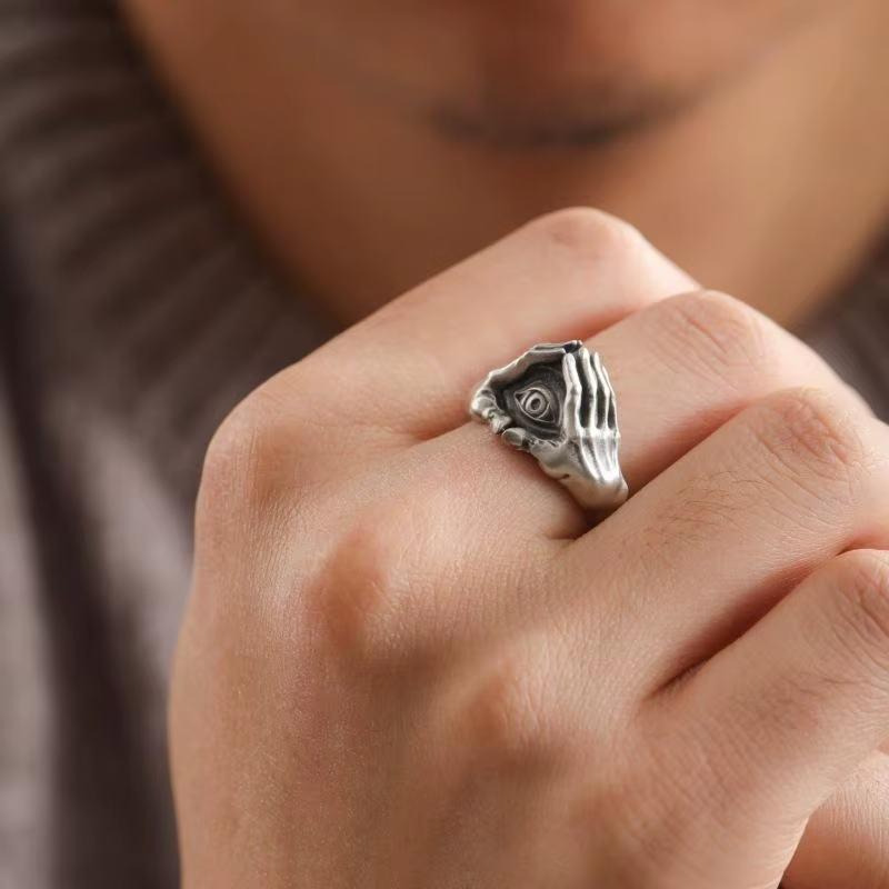 Bague ajustable pour homme, style gothique rétro, motif œil et mains, bijou ouvert, cadeau pour soirée