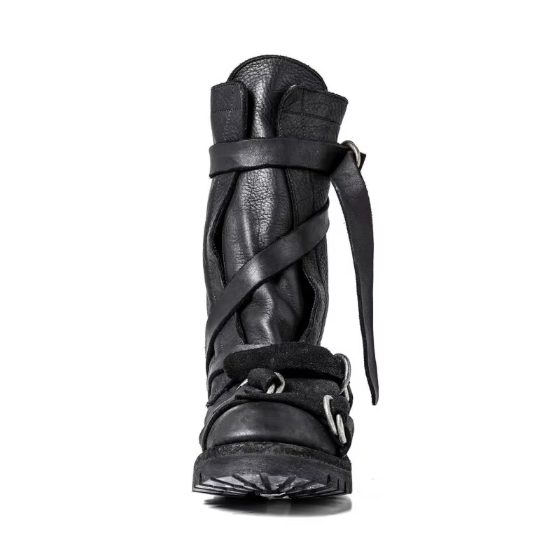 Yamamoto Style foncé rétro Vintage moto bottes hommes en cuir véritable sangle