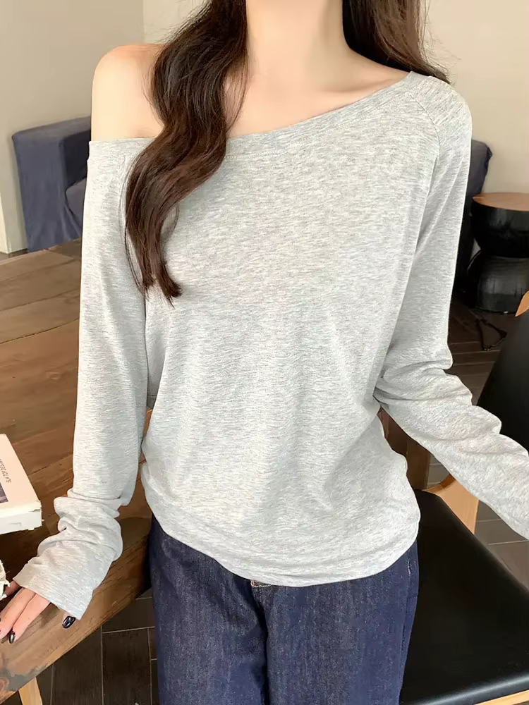 T-shirt oversize à épaules dénudées et manches longues pour femme, couleur unie, hauts décontractés, t-shirts basiques pour femme, style coréen, chemisiers jeunesse printemps automne