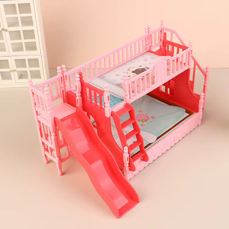 Chambre à coucher de simulation de maison de poupée: adorable mini lit superposé princesse avec toboggan, accessoires de meubles fins fabriqués