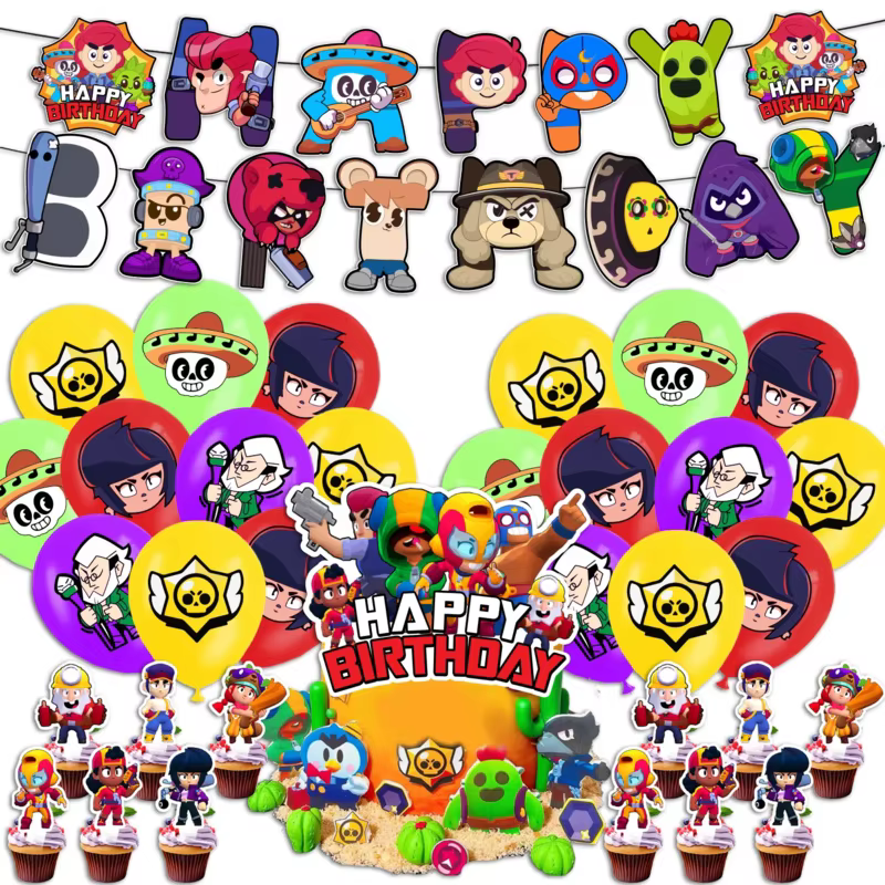 Ballons de combat, Bannière Joyeux Anniversaire, Décoration de fête sur le thème de la bataille, Décor de fond, Décoration de gâteau, Vaisselle jetable, Porte-clés