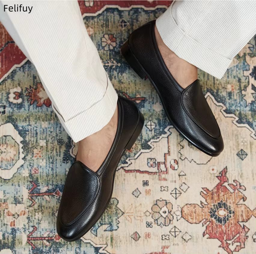 Chaussures décontractées noires pour hommes en cuir véritable à enfiler