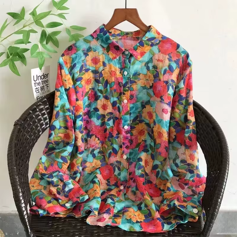2025 chemise surdimensionnée femme été hauts femme espagne style vintage 100% ramie chemises à fleurs blouses à manches longues hauts